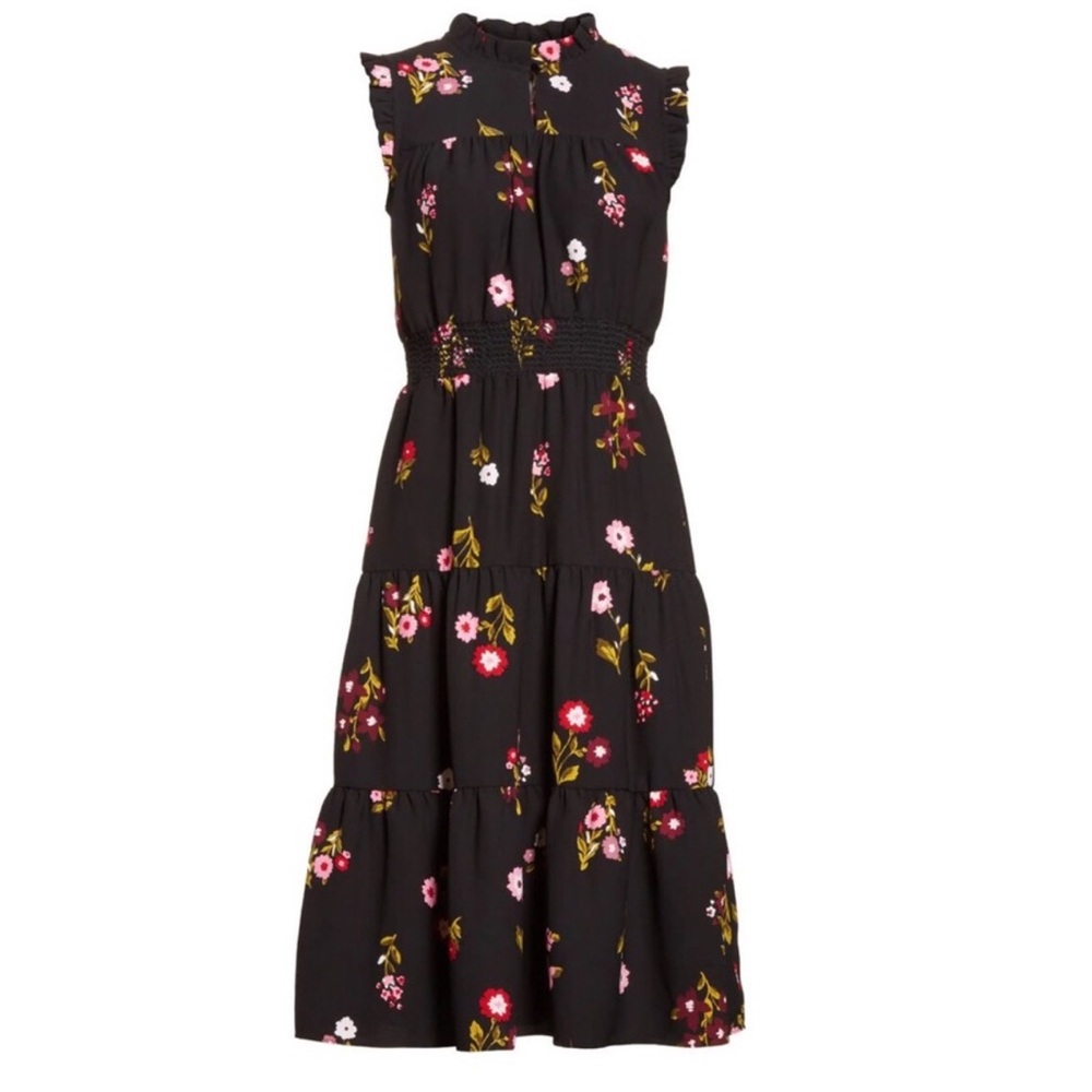 Kate Spade in Bloom Black floral smocked waist sleeveless dress-Small